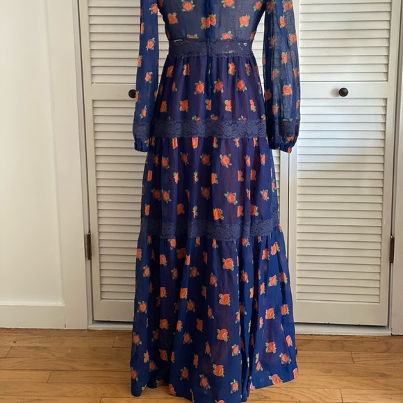 Vintage Blue Floral Voile Maxi Dress M - Picture 4 of 4